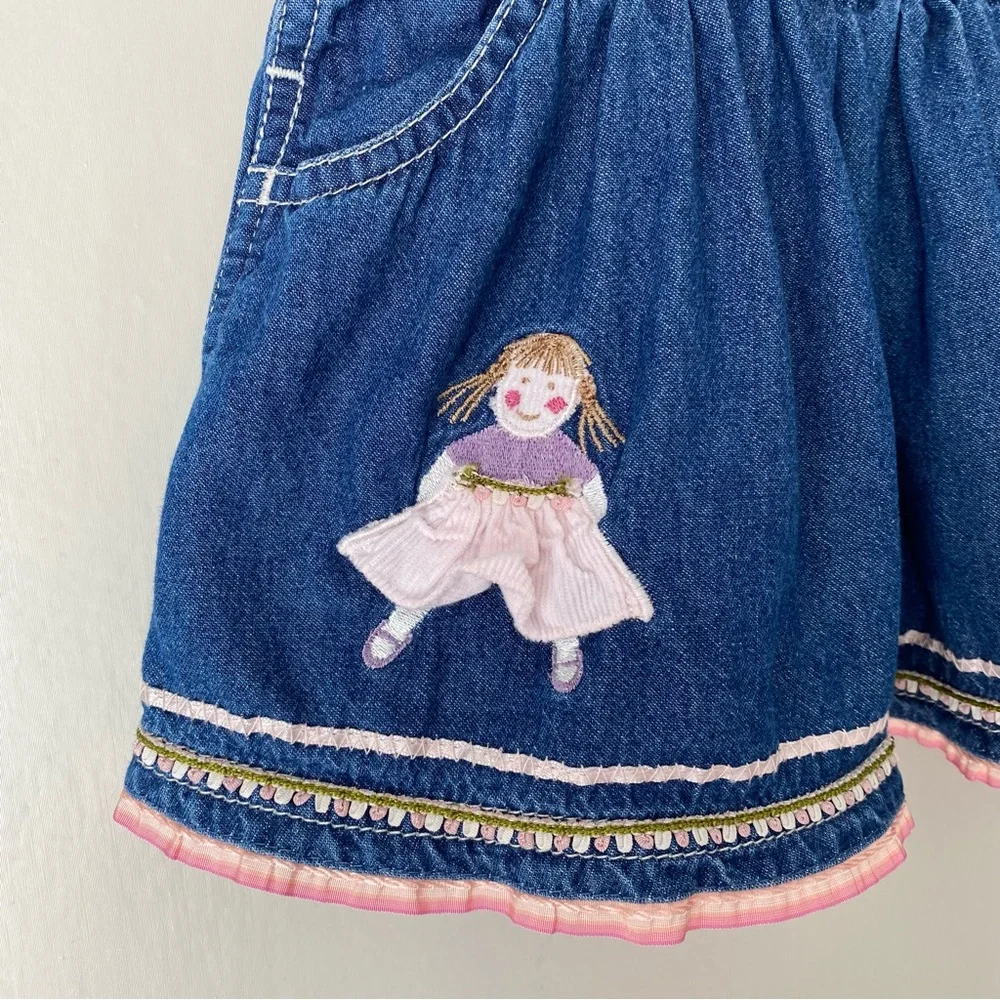 Vintage Y2K GAP Embroidered Tea Party Cotton Denim Overall Dress 0-3M